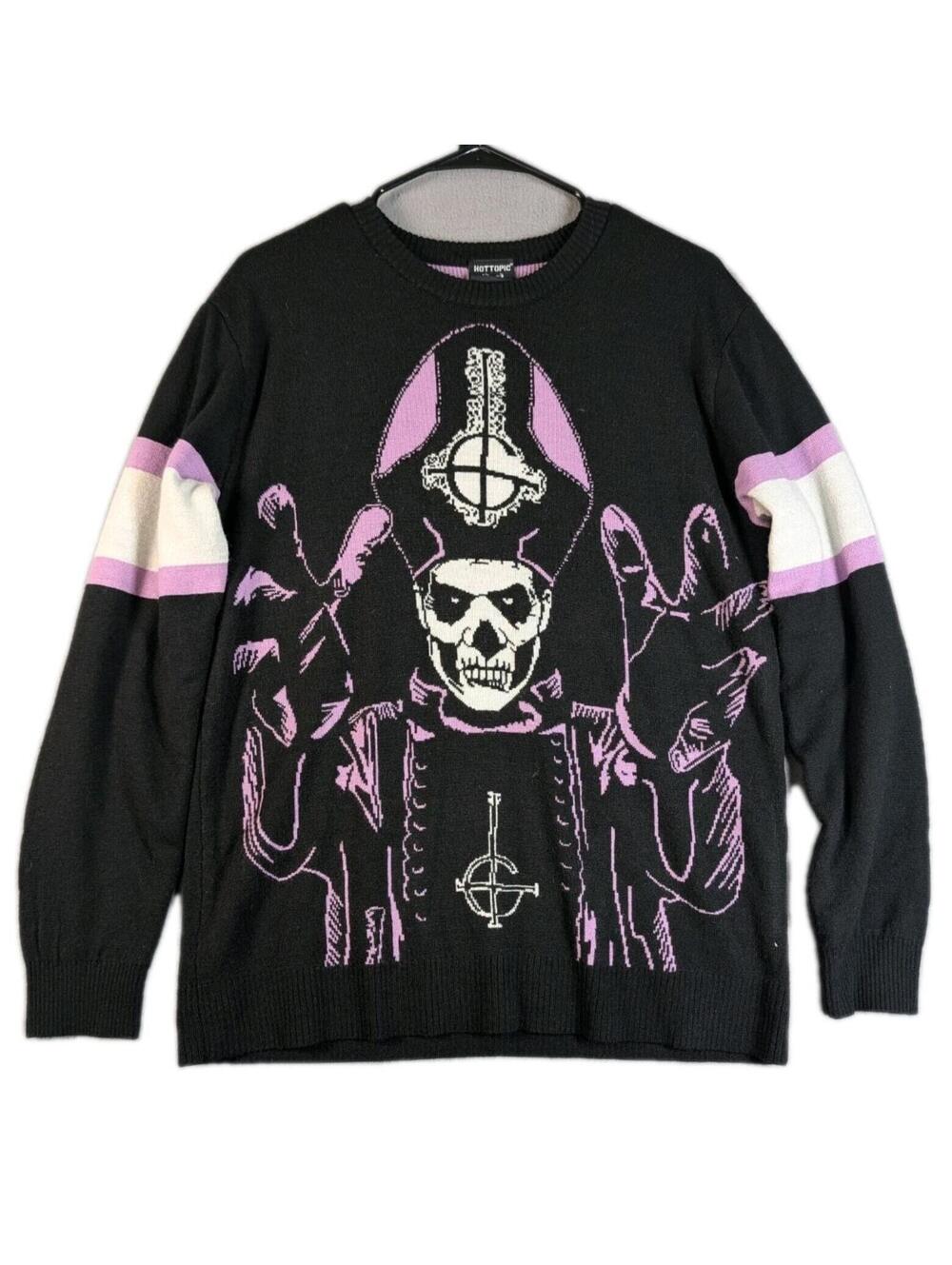 Hot Topic Ghost Band Mens Small Black Purple Graphic Knit Sweater Goth Emo Rock